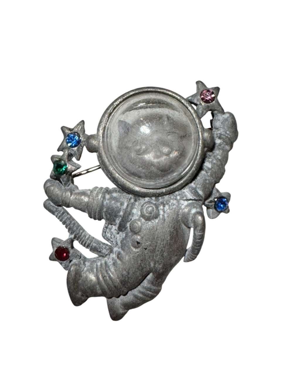 Vintage AJC Star and Space Cat Brooch | Pin | Lapel - 1970's - Pewter Tone